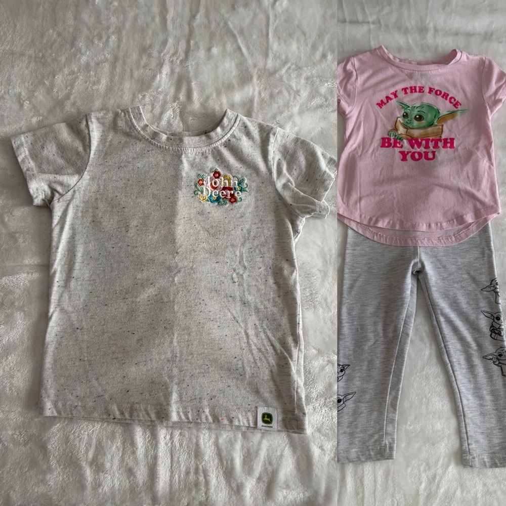 Toddler Girl Outfit Bundle 3T Baby Yoda Tee & Leggings + John Deere Shirt